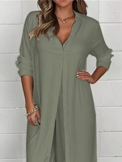 Women's Plus Size Loungewear Sets 2 Pieces Pure Color Fashion Casual Comfort Street Daily Date Spandex Breathable Lapel Long Sleeve Pant Summer Spring White Green -Ladies Pajamas Store kplyrb1685344075624