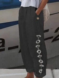 Women's Cotton And Linen Loungewear Pants Nighty Trousers Flower Print Elastic Waist Comfort Home Street Summer Spring Black White -Ladies Pajamas Store kpoxnp1682586404893