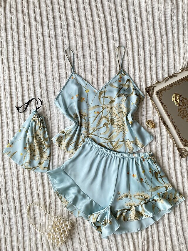 Women's Pajamas Pajama Top And Pant Sets Cherry Flower Fashion Casual Soft Home Daily Bed Faux Silk Breathable Straps Sleeveless Strap Top Shorts Spring Summer Black Champagne 9 Women's Pajamas Pajama Top And Pant Sets Cherry Flower Fashion Casual Soft Home Daily Bed Faux Silk Breathable Straps Sleeveless Strap Top Shorts Spring Summer Black Champagne - Image 7