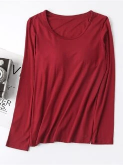 Women's Pink Pajama Top With Chest Pads Loungewear Top Pure Color Fashion Casual Comfort Street Daily Bed Modal Breathable Crew Neck Long Sleeve Fall Winter Black White -Ladies Pajamas Store kqveyq1697699931418