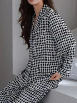 Women's Loungewear Sets Grid / Plaid Fashion Comfort Soft Home Daily Bed Ice Silk Breathable Lapel Long Sleeve Shirt Pant Button Pocket Fall Winter Black Pink -Ladies Pajamas Store kqyxix1694766965619