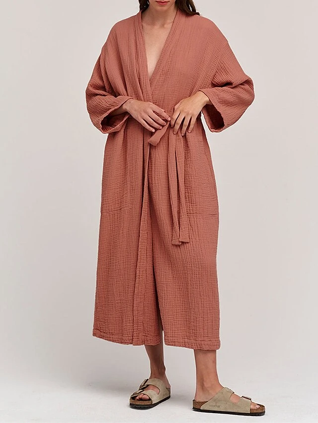 Women's Pajamas Bathrobe Robes Gown Pure Color Simple Casual Comfort Home Daily Bed Cotton Breathable V Wire Long Sleeve Pocket Summer Fall Orange Brown 3 Women's Pajamas Bathrobe Robes Gown Pure Color Simple Casual Comfort Home Daily Bed Cotton Breathable V Wire Long Sleeve Pocket Summer Fall Orange Brown