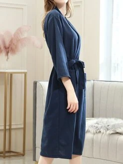 Women's Pajamas Robes Gown Pure Color Simple Soft Wedding Party Polyester Stand Collar Long Sleeve Pocket Fall Winter Light Blue White -Ladies Pajamas Store ksaonq1692182977485