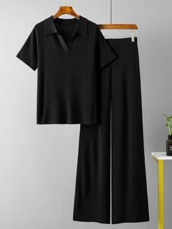 Women's Loungewear Sets 2 Pieces Pure Color Fashion Casual Comfort Street Daily Date Polyester Breathable Lapel Short Sleeve Pant Summer Fall Black Brown -Ladies Pajamas Store ksyovy1691046350584