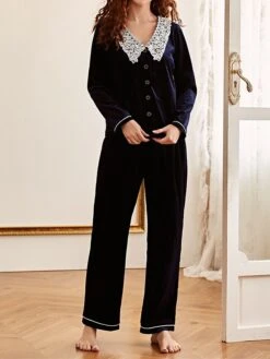 Women's Pajamas Sets Patchwork Fashion Casual Comfort Home Daily Bed Lace Breathable Lapel Long Sleeve Shirt Pant Button Fall Winter Navy Blue