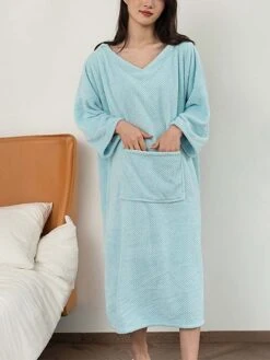 Women's Waffle Knit Wearable Blanket Pajamas Loungewear Solid Fashion Simple Casual Home Daily BedWarm Pullover Long Sleeve Fall Winter Light Pink White -Ladies Pajamas Store kvkauc1695629077391