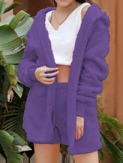 Women's Pajamas Sets Pure Color Warm Fashion Soft Home Daily Bed Polyester Warm Hoodie Long Sleeve Tank Top Shorts Hoodie Fall Winter Deep Purple Off White -Ladies Pajamas Store kvmpjy1692689284393
