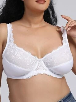 Women's Lace Bras Underwire Bras Fixed Straps Full Coverage V Neck Breathable Push Up Lace Pure Color Hook & Eye Date Casual Daily Cotton Sexy 1PC White
