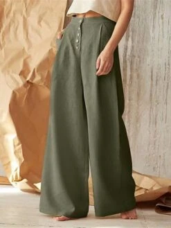 Women's Loungewear Pants Lounge Pants Pure Color Fashion Simple Casual Street Date Airport Cotton And Linen Breathable Long Pant Button Summer Spring Black Green -Ladies Pajamas Store kwreee1685617393984