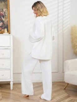 Women's Pajamas Sets Pure Color Fashion Casual Soft Home Daily Bed Polyester Breathable V Wire Long Sleeve Pant Summer Fall Black White -Ladies Pajamas Store kxcubq1697103814319