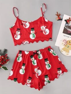 Women's Christmas Lounge Sets Letter Santa Claus Fashion Comfort Soft Home Daily Polyester Breathable Straps Sleeveless Strap Top Shorts Elastic Waist Fall Winter Red Elk Red Snowman -Ladies Pajamas Store kxnmmw1696232024371