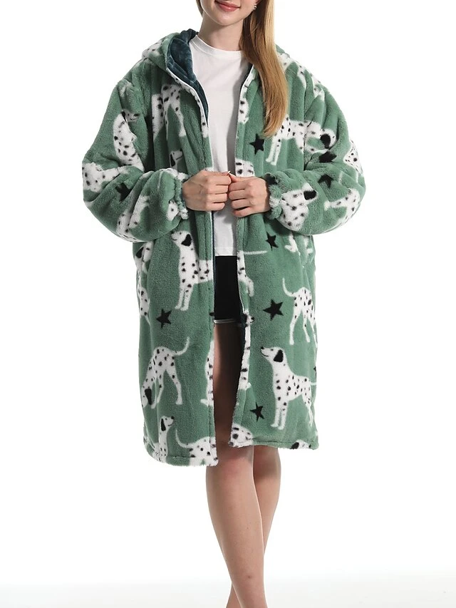 Women's Robe Dog Plush Casual Comfort Home Daily Bed Flannel Warm Breathable Hoodie Long Sleeve Pocket Fall Winter Green 5 Women's Robe Dog Plush Casual Comfort Home Daily Bed Flannel Warm Breathable Hoodie Long Sleeve Pocket Fall Winter Green - Image 3