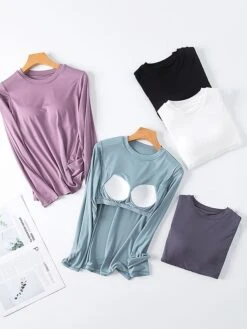 Women's Modal Pajamas Top With Chest Pads Pure Color Simple Casual Comfort Home Daily Bed Breathable Crew Neck Long Sleeve Fall Winter Black White