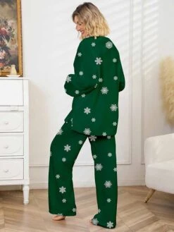 Women's Christmas Pajamas Sets Santa Claus Snowflake Warm Comfort Soft Home Christmas Daily Polyester Gift V Wire Long Sleeve Pant Fall Winter Wine Green -Ladies Pajamas Store kzhpre1697701129687