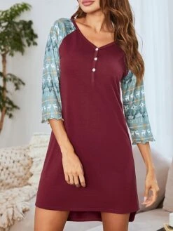 Women's Loungewear Nightgown Nightshirt Dress Patchwork Casual Comfort Sweet Home Christmas Daily Polyester Breathable V Wire Long Sleeve Dress Button Spring Summer Black Wine -Ladies Pajamas Store laxzuh1676281776229