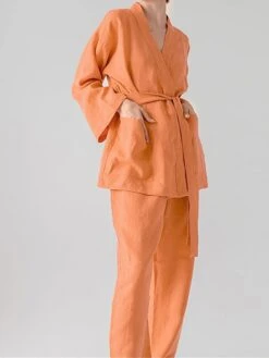Women's Pajamas Bathrobe Robes Gown Sets Pure Color Simple Comfort Soft Wedding Party Cotton And Linen Breathable V Wire Long Sleeve Cardigan Pant Pocket Fall Winter Army Green Orange