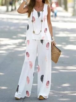 Women's Loungewear Sets Gradient Feather Print Fashion Casual Street Date Airport Polyester Breathable Crew Neck Sleeveless Top And Wide Leg Pants Summer Spring Black White -Ladies Pajamas Store lcqsew1679973749970