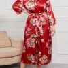 Women's Plus Size Pajamas Bathrobe Flower Simple Casual Comfort Home Bed Satin Breathable V Wire Long Sleeve Summer Spring Red Green -Ladies Pajamas Store lcxslt1693986201035