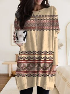 Women's Nightgown Stripe Geometic Fashion Comfort Home Daily Polyester Crew Neck Long Sleeve Pocket Fall Winter Khaki Dark Blue -Ladies Pajamas Store ldfjed1693552952526