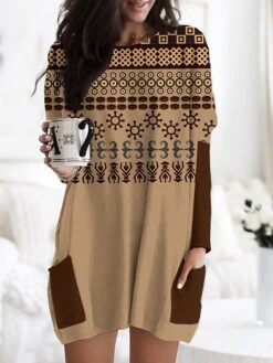 Women's Nightgown Graphic Prints Fashion Comfort Home Daily Polyester Crew Neck Long Sleeve Pocket Fall Winter White Red