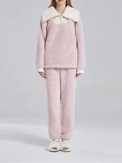 Women's Fleece Lounge Sets Color Combo Plush Casual Comfort Home Daily Bed Coral Fleece Coral Velvet Warm Lapel Long Sleeve Pant Fall Winter Pink