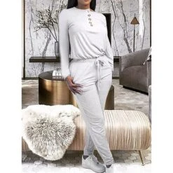 Women's Loungewear Onesie Jumpsuit Pure Color Simple Casual Comfort Home Daily Vacation Cotton Blend Breathable Crew Neck Long Sleeve Button Pocket Summer Fall Black White