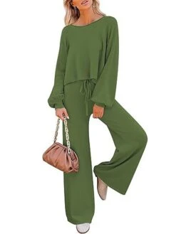 Women's Loungewear Sets Pure Color Fashion Comfort Soft Home Daily Bed Polyester Breathable Crew Neck Long Sleeve Pullover Pant Fall Winter Black Light Green -Ladies Pajamas Store lhmzwj1694072401648