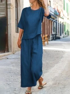 Women's Loungewear Sets 2Pcs Pure Color Short Sleeve Shirts And Wide Leg Pants Casual Comfort Home Daily Polyester Spring Summer Orange Red Navy -Ladies Pajamas Store lkjram1681974957144