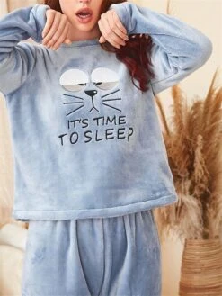 Women's Fuzzy Pajamas Sets Cartoon Cat Fashion Casual Soft Home Daily Bed Flannel Breathable Crew Neck Long Sleeve Pant Fall Winter Blue 10 Women's Fuzzy Pajamas Sets Cartoon Cat Fashion Casual Soft Home Daily Bed Flannel Breathable Crew Neck Long Sleeve Pant Fall Winter Blue -Ladies Pajamas Store lksotl1689581344620