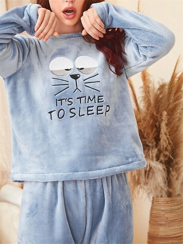 Women's Fuzzy Pajamas Sets Cartoon Cat Fashion Casual Soft Home Daily Bed Flannel Breathable Crew Neck Long Sleeve Pant Fall Winter Blue 5 Women's Fuzzy Pajamas Sets Cartoon Cat Fashion Casual Soft Home Daily Bed Flannel Breathable Crew Neck Long Sleeve Pant Fall Winter Blue - Image 3