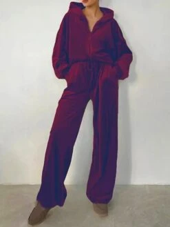 Women's Loungewear Sets Pure Color Fashion Plush Comfort Home Street Daily Coral Fleece Coral Velvet Breathable Hoodie Long Sleeve Pant Pocket Fall Winter Wine Army Green -Ladies Pajamas Store lldtkl1696817252474