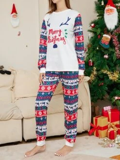 Matching Family Christmas Pajamas Sets Letter Elk Basic Casual Comfort Home Christmas Cotton Breathable Gift Crew Neck Long Sleeve T Shirt Tee Pant Fall Winter White -Ladies Pajamas Store llkoqa1697074760000