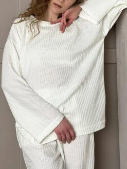 Women's Waffle Knit Lounge Sets Pure Color Fashion Casual Comfort Home Daily Polyester Breathable Crew Neck Long Sleeve Pant Fall Winter White -Ladies Pajamas Store llqxmi1695798609731