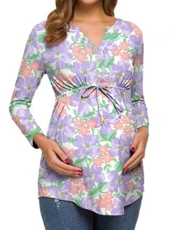 Women's Maternity Tops Pregnancy Shirts Floral Pattern Casual Comfort Pastoral Home Daily Vacation Cotton Breathable V Wire Long Sleeve Fall Winter White Light Green -Ladies Pajamas Store lnjvvq1695281849232
