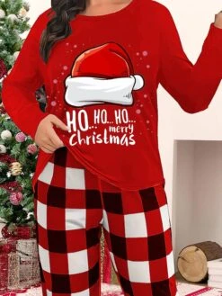 Women's Christmas Pajamas Top Letter Santa Claus Comfort Soft Home Christmas Spandex Fall Winter Black Red