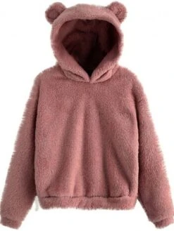 Women's Hoodie Fleece Lounge Top 3D Ear Pure Color Warm Fashion Plush Home Street Daily Polar Warm Breathable Long Sleeve Hoodie Fall Winter Claret Leather Pink -Ladies Pajamas Store lqobfu1697074792702