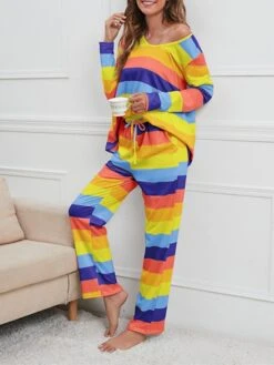 Women's Pajamas Nighty Pjs Sets 2 Pieces Rainbow Stripe Fashion Comfort Soft Home Daily Bed Cotton Breathable V Wire Long Sleeve T Shirt Tee Pant Spring Fall Yellow Blue 36 Women's Pajamas Nighty Pjs Sets 2 Pieces Rainbow Stripe Fashion Comfort Soft Home Daily Bed Cotton Breathable V Wire Long Sleeve T Shirt Tee Pant Spring Fall Yellow Blue -Ladies Pajamas Store lrhkfi1665214008226