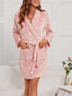 Women's Plush Pajamas Bathrobe Robes Gown Heart Casual Comfort Home Daily Bed Flannel Warm Lapel Long Sleeve Fall Winter Pink -Ladies Pajamas Store lrkclz1691478727432