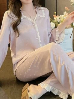 Women's Pajamas Sets Cat Letter Casual Comfort Soft Home Daily Bed Satin Breathable Lapel Long Sleeve Shirt Pant Button Pocket Fall Winter 8602#[Long Sleeve] 8101#[Long Sleeve] -Ladies Pajamas Store lrsjjp1697161955018