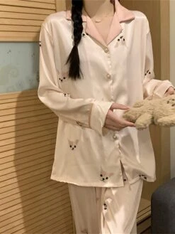 Women's Loungewear Sets 2 Pieces Dog Fashion Casual Comfort Street Daily Date Polyester Breathable Lapel Long Sleeve Pant Button Fall Winter Pink -Ladies Pajamas Store lsbzwh1692257115857