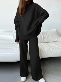 Women's Loungewear Sets Knit Casual Suit Pure Color Fashion Comfort Soft Home Street Daily Polyester Breathable High Neck Long Sleeve Sweater Pant Fall Winter Black Pink 9 Women's Loungewear Sets Knit Casual Suit Pure Color Fashion Comfort Soft Home Street Daily Polyester Breathable High Neck Long Sleeve Sweater Pant Fall Winter Black Pink -Ladies Pajamas Store lsllge1693206695920