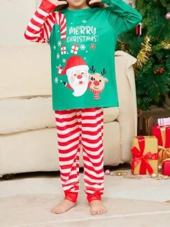 Matching Family Christmas Pajamas Sets Letter Santa Claus Basic Casual Comfort Home Christmas Cotton Breathable Gift Crew Neck Long Sleeve T Shirt Tee Pant Fall Winter Green -Ladies Pajamas Store lsopmk1697074757767