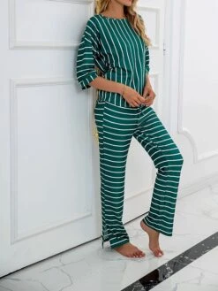 Women's Pajamas Sets Stripe Fashion Home Daily Bed Polyester Crew Neck Half Sleeve Pocket Fall Winter Black Blue -Ladies Pajamas Store lsvkoo1692689276498