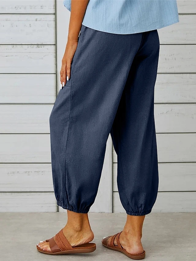 Women's Cotton And Linen Loungewear Pants Pure Color Elastic Waist With Drawstring Simple Casual Comfort Home Daily Vacation Breathable Pocket Summer Spring Black White 7 Women's Cotton And Linen Loungewear Pants Pure Color Elastic Waist With Drawstring Simple Casual Comfort Home Daily Vacation Breathable Pocket Summer Spring Black White - Image 5