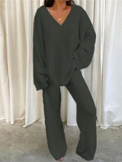Women's Loungewear Sets Pure Color Plush Casual Comfort Home Street Daily Sherpa Warm Breathable V Wire Long Sleeve Pant Fall Winter Black White -Ladies Pajamas Store lviryn1697189058863