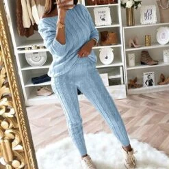 Women's Loungewear Sweatsuit Sets 2 Pieces Pure Color Warm Fashion Sport Home Street Airport Knit Off Shoulder Long Sleeve Sweater Pant Fall Winter Lotus Pink Black -Ladies Pajamas Store lyfwic1665646636323