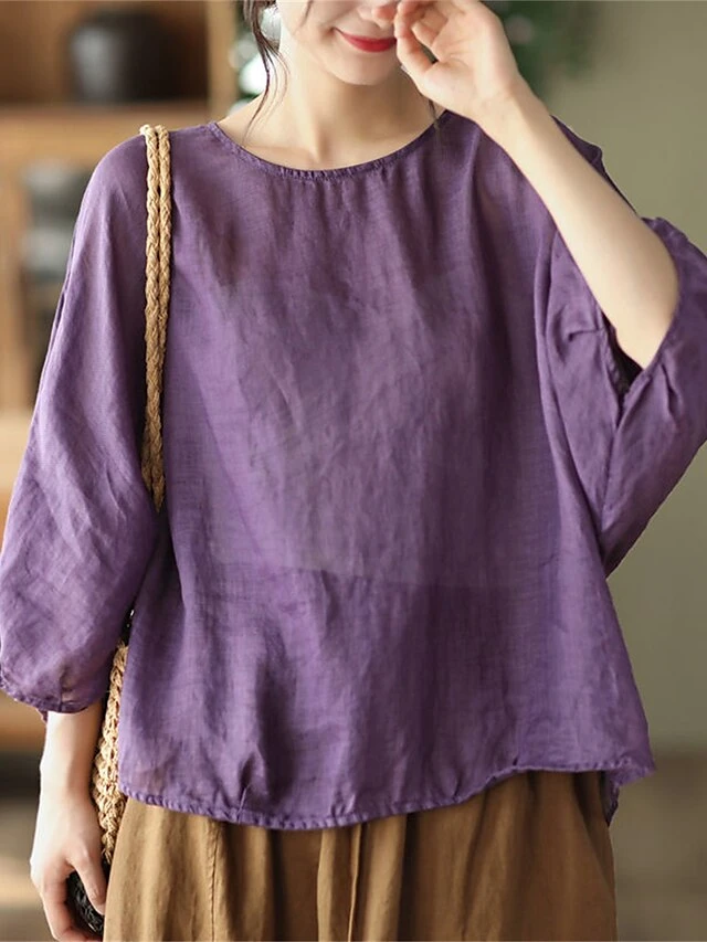 Women's Plus Size Loungewear Top Pure Color Simple Casual Comfort Home Daily Vacation Linen Breathable Crew Neck Long Sleeve Shirt Summer Spring Black Purple 8 Women's Plus Size Loungewear Top Pure Color Simple Casual Comfort Home Daily Vacation Linen Breathable Crew Neck Long Sleeve Shirt Summer Spring Black Purple - Image 6