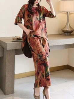 Women's Loungewear Sets Flower Fashion Casual Comfort Street Daily Date Polyester Breathable Crew Neck Short Sleeve T Shirt Tee Pant Pocket Summer Spring Light Green Red -Ladies Pajamas Store lzffya1684410517456