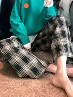 Women's Loungewear Pants Grid / Plaid Fashion Casual Soft Home Daily Bed Nylon Breathable Long Pant Pant Pocket Summer Fall Black Light Green -Ladies Pajamas Store mardjv1689506611846