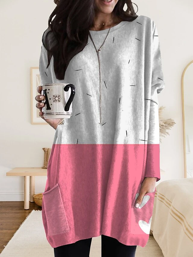 Women's Nightgown Stripe Geometic Fashion Comfort Home Daily Polyester Crew Neck Long Sleeve Pocket Fall Winter Light Pink White Powder 4 Women's Nightgown Stripe Geometic Fashion Comfort Home Daily Polyester Crew Neck Long Sleeve Pocket Fall Winter Light Pink White Powder - Image 2